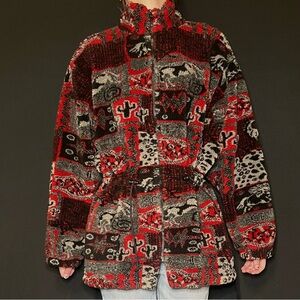 Fluffy western style red black cowboy cactus Sherpa style jacket
